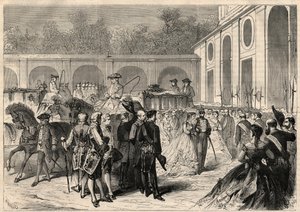 Huwelijk van de infante Marie-Isabelle van Spanje (1851-1931) en Gaetan de Bourbon-Sicilië (1846-1871), graaf van Agrigento: aankomst van de stoet bij de Koninklijke Basiliek van Atocha. door Unknown artist