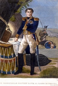 Maarschalk Laurent Marquis de Gouvion Saint Cyr (1764-1830) bij de Slag om Dresden in 1813. gravure 19e eeuw