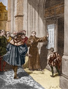 Maarten Luther (1483-1546) hangt zijn 95 stellingen op in Wittenberg