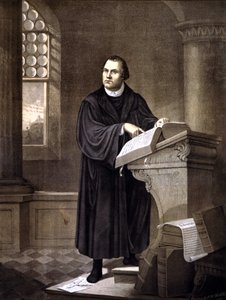 Maarten Luther (1483 - 1546) lezend in een kerk door Unknown artist