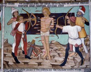 Martelaarschap van St. Sebastian, het leven van Sint Sebastian (15e eeuw), fresco