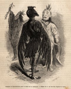 Maskers en vermommingen voor de medicijndans onder de Naya-indianen. Gravure ter illustratie van een excursie onder de indianenstammen van de bekkens van Colombia en de Boven-Missouri, door G. Catlin, in 1855, gepubliceerd in 