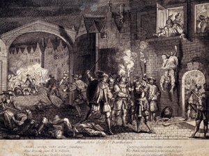 Bloedbad van Sint Barthelemy (Sint Barthelemy) in Parijs in de nacht van 24 augustus 1572. Gravure uit de 16e eeuw. Pau, Musee Du Chateau