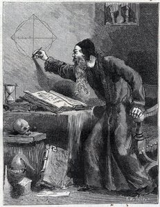 Wiskunde en meetkunde: Wetenschappelijk onderzoeker van de kwadratuur van de cirkel in de 16e eeuw. Gravure in 