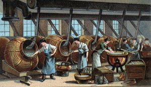 Mechanische fabricage van dragees. Chromolithografie uit het einde van de 19e eeuw door Unknown artist