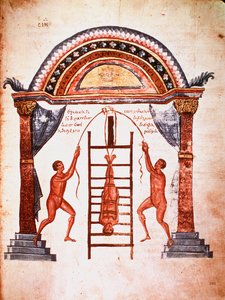 Geneeskunde: reductie van een ontwrichte wervelkolom, patiënt wordt opgehangen met riemen aan een ladder (manuscript) door Unknown artist