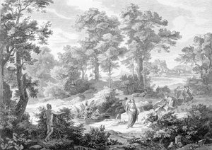 Ontmoeting tussen Odysseus die bij een rivier lag en Nausicaa (gravure eind 19e eeuw)