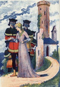 Mannen maskeren de prinses. Anonieme illustratie voor het sprookje 