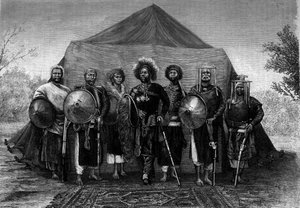 Menelik II (1844-1913), koning van Ethiopië, omringd door zijn legerleiders. Gravure in 