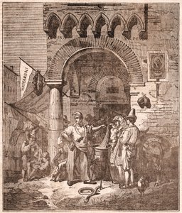 Handelaar kookt pasta in een pan, Italiaanse scène (gravure)