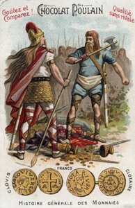 Merovingen: Clovis I doodt de soldaat die het vat van Soissons had gebroken, in 486. In Algemene Geschiedenis van Munten. Chocoladeveulen chromolithografie van het einde van de 19e eeuw. Privécollectie.
