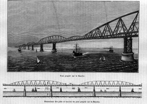 Metaalbrugproject over het Kanaal: bovenaan de brug eenmaal voltooid; onderaan de afmetingen van de pijlers en overspanningen van de geplande brug. Gravure in 