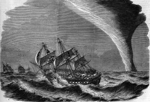 Meteorologisch fenomeen: een waterhoos op zee. Gravure door Linton in "The Illustrous World" nr. 49 van 20 maart 1858.