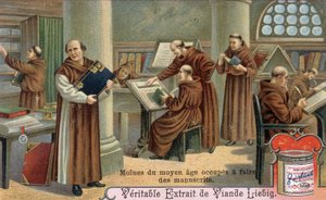 Middeleeuwse monnik die manuscripten schrijft. Chromolithografie, Liebig afbeelding
