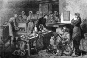 Verloskundige, verpleegsters en couveuses: De uitrusting van het kraamziekenhuis om het leven van te vroeg geboren kinderen in Parijs te behouden. Gravure in 