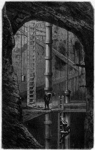 Mijnwerkers in een tinmijn in Cornwall, Engeland. Gravure in het tijdschrift 