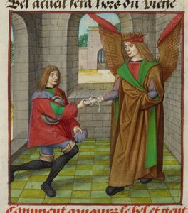 Miniatuur van Amour (Liefde) die een brief aan een boodschapper overhandigt, uit 