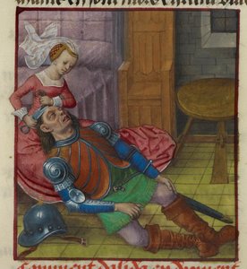 Miniatuur van Delilah die het haar van Samson knipt uit 