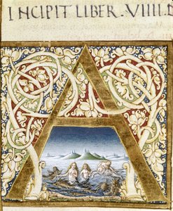 Miniatuur die sirenen voorstelt. Lettrine “A” - in “Naturalis Historiae” door Plinius de Oudere (23 - 79), ed. 1480. Victoria & Albert Library door Unknown artist