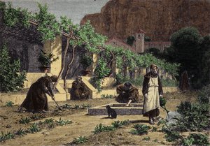 Moestuin van het klooster: monniken tuinieren om groenten te kweken in hun tuin. Gravure uit de 19e eeuw