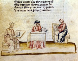 Monniken studeren in een klooster, miniatuur manuscript