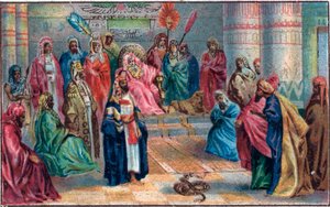 Mozes en Aaron tegen de boze Farao Chromolithografie van het einde van de 19e eeuw. door Unknown artist
