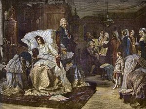 Mozarts laatste dagen naar het schilderij van Hermann Kaulbach (1846-1909) - Gli ultimi momenti di Mozart - laatste dag van Wolfgang Amadeus Mozart - gravure in 