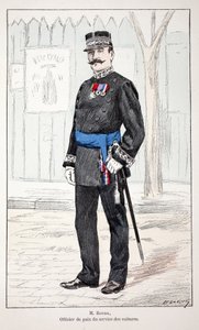 Mr. Roudil, vredesofficier van de autodienst. Kleurgravure, ter illustratie van 