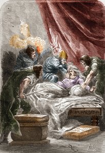 Moord op Galswinthe (Galsuinde) (ca. 545 - 567), koningin van de Franken in Neustrië, vrouw van Chilperic I (koning van de Franken). Gravure in 