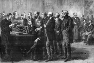 Muziekwedstrijd van de stad Parijs in 1878. De jury in het Palais du Luxemburg beoordeelt de partituren van 