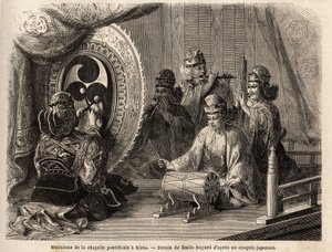 Muzikanten van de pauselijke kapel in Kyoto (of Kioto), spelen vijf heilige instrumenten, dwarsfluit en panfluit, zeeschelp, timpani en kakdaiko, de originele gong. Gravure ter illustratie van de reis naar Japan in 1863-1864, door Aime Humbert, minister va door Unknown artist