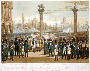 Napoleon I in Venetië op 29 november 1807 voor de Italiaanse marine. Gravure uit 1845 door Unknown artist