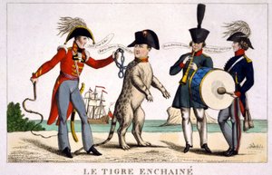 Napoleon I in een geketende tijger vastgehouden door een Britse officier met een zweep. Rusland en Oostenrijk spelen muziek naast hem. Cartoon 1815. door Unknown artist
