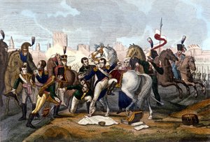 Napoleon I gewond voor Regensburg op 23 april 1809. Gravure 19e eeuw