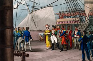 Napoleon vertrouwt op het Britse geloof - Napoleon Bonaparte aan boord van de Bellerophon, het Britse schip dat hem naar ballingschap op Sint-Helena bracht op 15 juli 1815 - Napoleon de Grote, die zich overgeeft aan de vrijgevigheid van de Britse natie; aa door Unknown artist