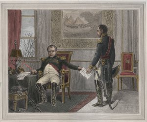 Napoleon ondertekent zijn abdicatie 1814 - Napoleon Bonaparte (1769-1821) in Fontainebleau tijdens zijn eerste abdicatie, ondertekend in april 1814 Gravure in 