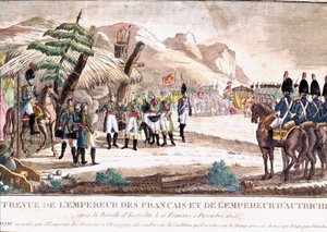 Napoleontische oorlog: Napoleon I ontmoet keizer Frans II na de Slag bij Austerlitz op 2/12/1805. Gravure uit de 19e eeuw. door Unknown artist