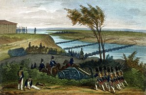 Napoleontische oorlog: Russische campagne. Oversteek van de rivier Niemen (Dnjemen) op 24/06/1812, die de twee rijken scheidt. Gravure uit de 19e eeuw door Unknown artist