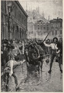 Napoleons abdicatie veroorzaakt rellen in Milaan, en Giuseppe Prina, de impopulaire minister van Financiën, wordt door de straten gesleept en uiteindelijk gedood door de menigte op Piazza San Fedele in Milaan, 20 april