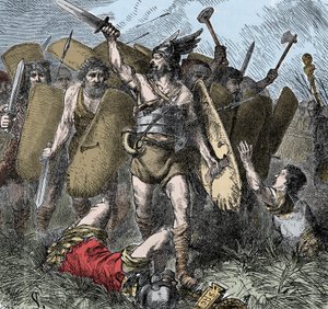 Narses overwint de Ostrogoten - Invasies van de barbaren: Narses (478-573) Byzantijnse generaal, eunuch, van keizer Justinianus I, overwinnaar tegen de Ostrogoten in de Slag bij Taginae, Italië, in het jaar 552. Kleurgravure uit de 19e eeuw