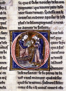 Nascion ontvangt het boek (?). Manuscript: Verovering van de Heilige Graal, geschreven 717 jaar na de passie van onze heer. Bibliothèque municipale de Rennes, ms. 255 (Collectie van romans van de Ronde Tafel); Parijs door Unknown artist
