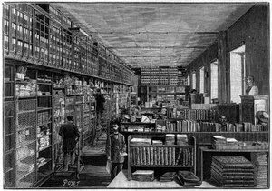 Nationale Bibliotheek in Parijs: Kantoor van de Catalogus. Boven zijn de dozen met de toneelstukken. Gravure in 