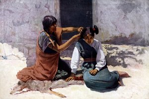 Inheemse Amerikaanse moeder van de Hopi-stam, verzorgt het haar van haar dochter als voorbereiding op het huwelijk