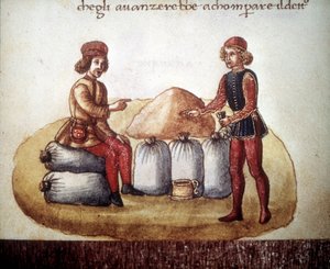 Onderhandeling over graanprijzen. 15e-eeuws manuscript. Biblioteca Nazionale de Florence