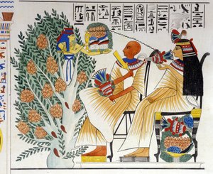 Nephtys, Egyptische godin, komt uit de mystieke boom en biedt voedsel aan de overledene - in 