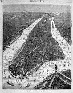 New York: vogelvlucht in 1880 door Unknown artist