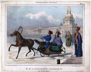 Nicolaas I in een slee - Anoniem - 1850 - Lithografie, aquarel - 21,3x26,8 - Privécollectie