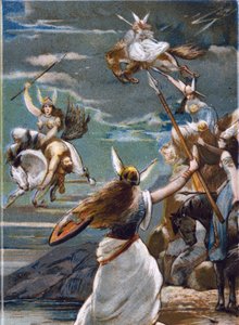 Noordse mythologie: De Walkuren (krijgsvrouwen) in Valholl (of Walhalla, Valhalla, Valhalle: plaats waar dappere krijgers worden gebracht) en de val van krijgers in de strijd. Chromolithografie uit de 19e eeuw door Unknown artist