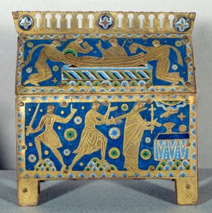Kunstobject: Emaille jacht, goud en koper door Thomas Becket (1118-1170), aartsbisschop van Canterbury. Het is versierd met voorstellingen van de moord op de aartsbisschop op 29/12/1170 in de kathedraal van Canterbury en zijn begrafenis. Circa 1220 door Unknown artist