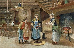 Oude gewoonte gevierd in de Dauphiné-regio: La boudinée. Chromolithografie van het einde van de 19e eeuw. door Unknown artist
